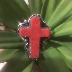 Coral/Spiny Oyster Signed Cross Ring